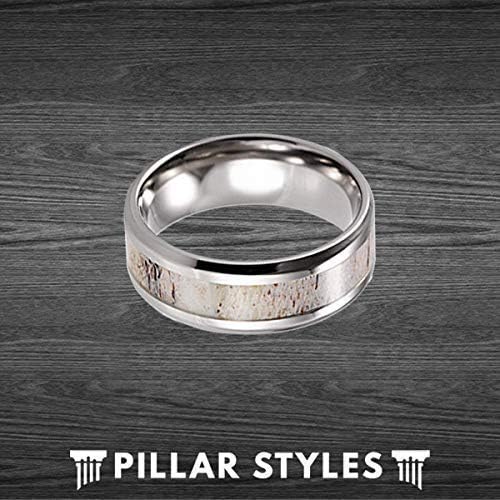 Silver Deer Antler Rings for Men Wedding Band Tungsten Ring 8mm Nature Ring with Genuine Deer Antler Inlay Couples Ring Set Antler Wedding Bands Womens Ring