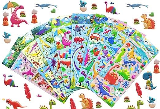 Image of Cots and Cuddles 3D Puffy 120+ Dinosaur Stickers 3D T-Rex, Spinosaurus, Triceratops, Diplodocus Scrap Book Decoration for Boys & Girls |4 Strap, Dinosaur Sticker, Plastic, Multicolor