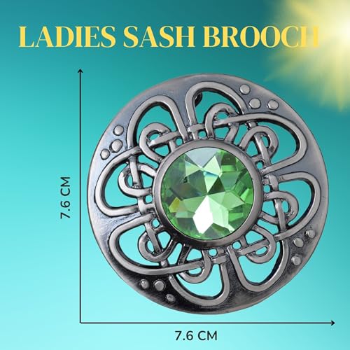 Image of Elegant Culloden Plaid Brooch - Scottish Kilt Fly Plaid Brooch Intricate Celtic Knot in Pewter with Gemstone 3-Inch Diameter - Ideal for Scottish Kilts & Formal Wear