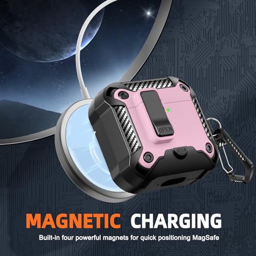 Image of for AirPods 4 Case with Lock & Phone Stand(Pink) | Automatic Snap Switch Lock,Carbon Fiber Texture Design Cover with Cleaner Kit