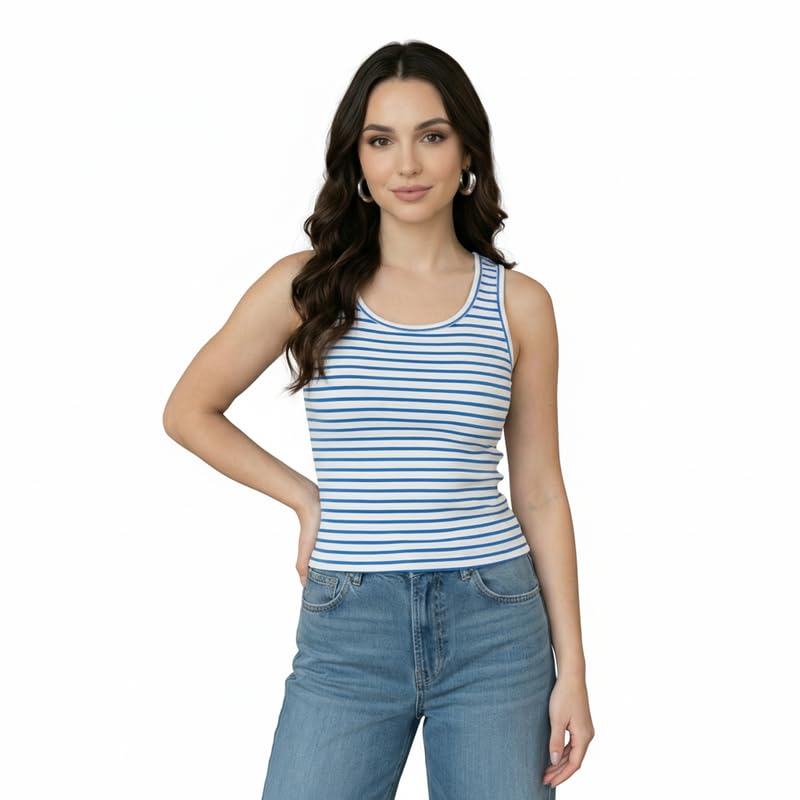 dressitude Women’s Cotton Sleeveless Tank Top | Slim Fit Striped Casual Vest | Round Neck Summer Top for Women | Dark Blue & White Stripe-picture-42