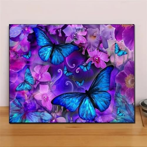 Diamond Painting Adulte 5D Fleur Papillon Bleu Broderie Diamant Complet Grand Format 100x130cm