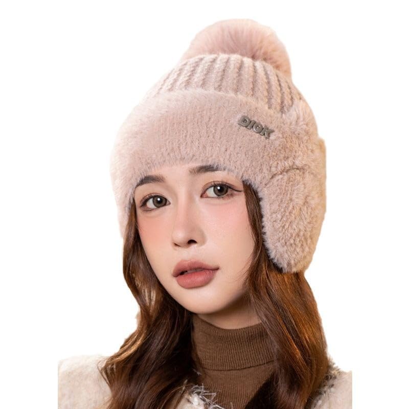 Winter Plush Baseball Cap for Women Fluffy Fur Knitted Hat with Earflaps Outdoor Cycling Ear Protection Hats (US, Alpha, One Size, Pink)