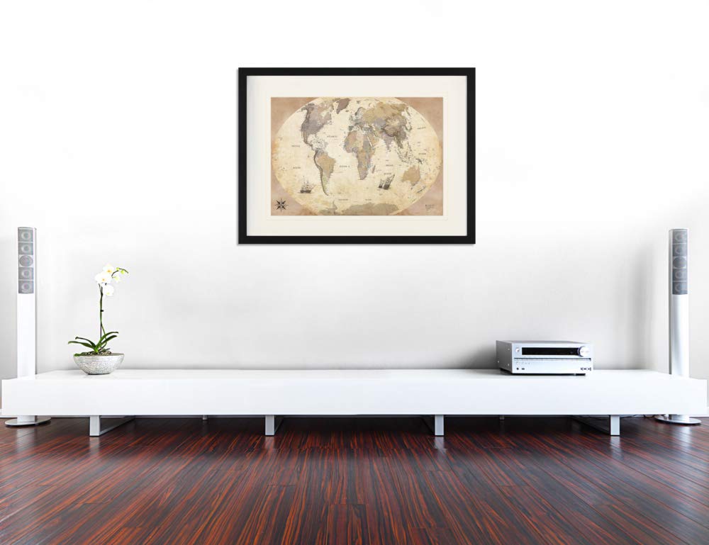 1art1 Karten Poster Weltkarte, Old Style, In Englisch Gerahmtes Bild Mit Edlem Passepartout | Wand-Bilder | Im Bilderrahmen 80x60 cm