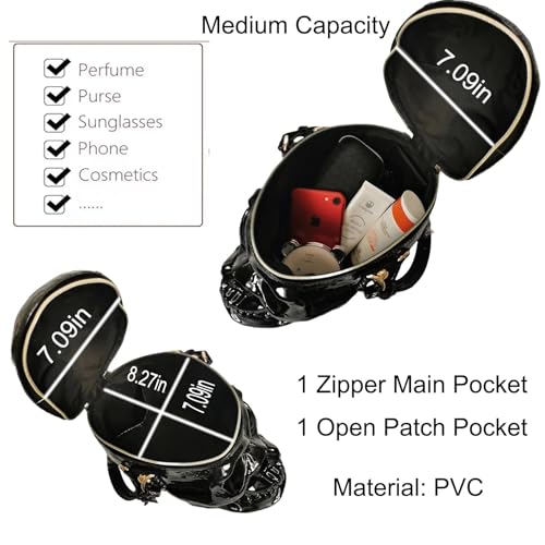 Image of Men PVC Unique Novelty Gothic Handbag Detachable Strap Crossbody Shoulder Bag Halloween Skull Purse for Women