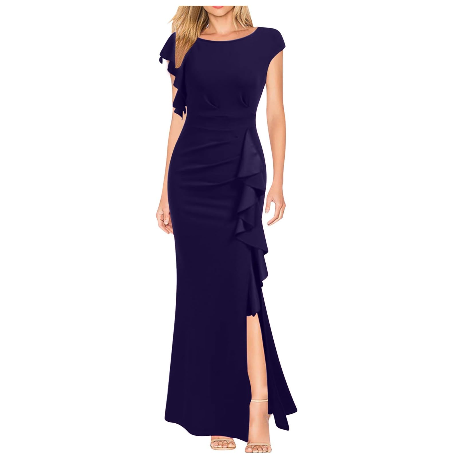 Cocktailkleid Damen Rundhals Meerjungfrau Midikleid Elegant