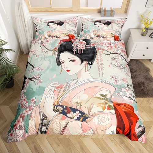 richhome Enfants Japonais Geisha Fille Parure De Lit Garçons Filles Cerisiers Fleurs Literie Set Style Japonais Housse De Couette 220x240cm Tradi