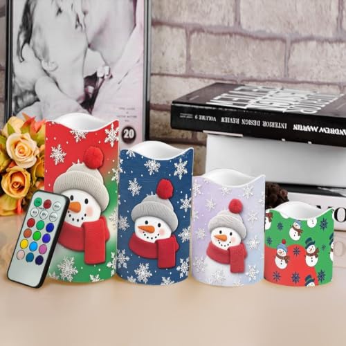 Image of Snowman Christmas Color Changing Electric Candles | Xmas Flameless Candle Set with Remote Control, Battery Operated Fake Candles for Kitchen Room Home Decor, 4 Pack