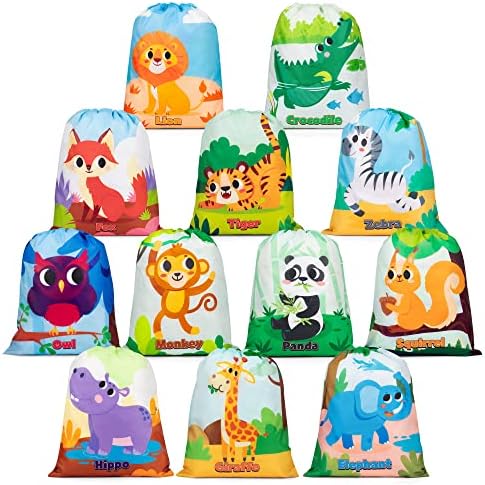 Mocoosy 12 Pack Animal Party Favor Drawstring Bags for Kids Birthday Supplies, Animal Backpack String Bags for Boys Girls, Jungle Gift Goodie Treat Bags for Party Baby Shower School Travel Storage Bag