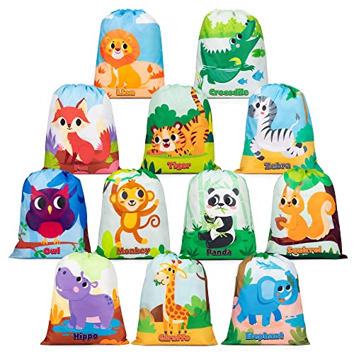 Mocoosy 12 Bolsas con Cordon para Ninos,Animales Mochila con cordon para Niños Fiesta de Cumpleaños Bolsas de Regalo Reutilizables,Bolsa de Fiesta de Animales PE Bolsa de Cuerdas para Gimnasio Deporte