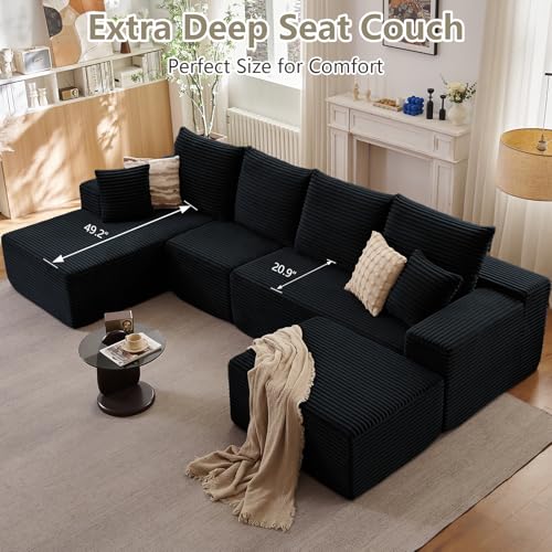 Image of Lakifun 135 inch L-Shape Sofa with Ottoman, Modern Modular Sectional Comfy U-Shape Cloud Couch, Deep Seat, Upholstered Corduroy Sleeper Chaise Longue for Living Room Bedroom, No Assembly Required, Black