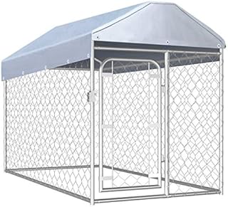 vidaXL Outdoor Dog Kennel with Roof Lockable Latch System Chain-link Mesh Sidewalls Pet Puppy Cage House Animal Shelter Silver Galvanized Steel