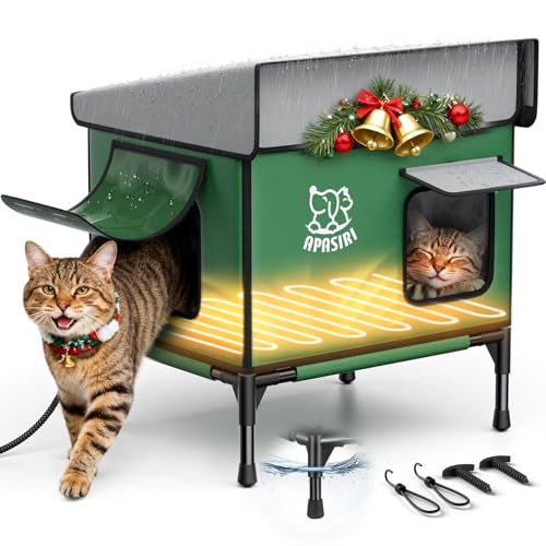 Apasiri Heated Cat House for Outdoor: Weatherproof Outside Cat Shelter, Insulated Cat House Outdoor with Heated Pad, Sloping Roof & Escape Door, Elevated Base for Stray Cats, Small