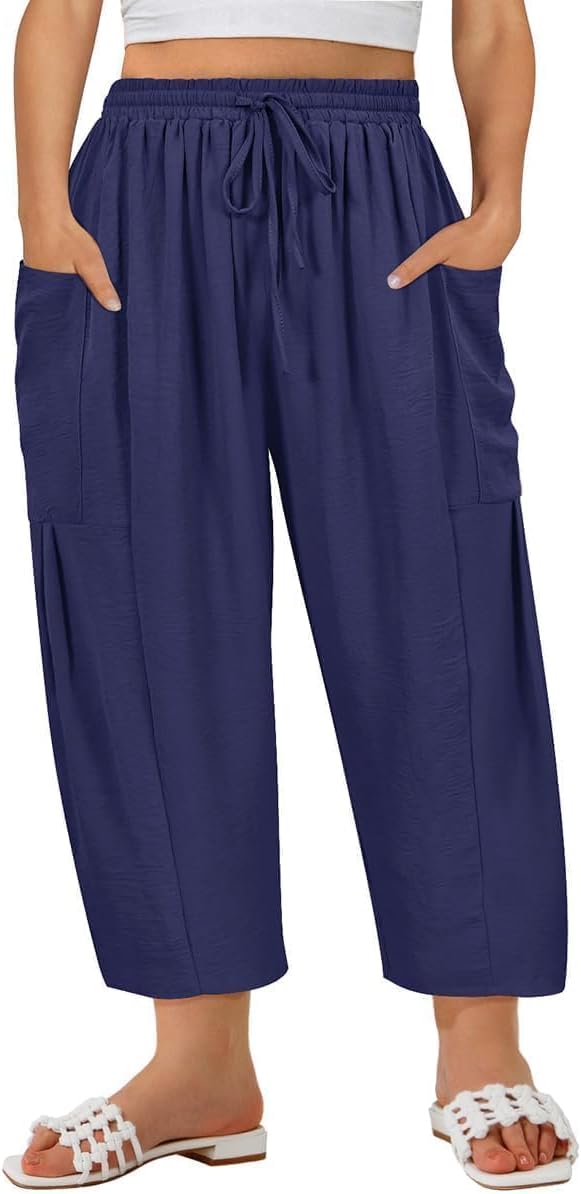TIYOMI Plus Size Pants for Women Summer Palazzo Harem Pants Drawstring Lightweight Pant with Pockets Loose Casual XL-5XL