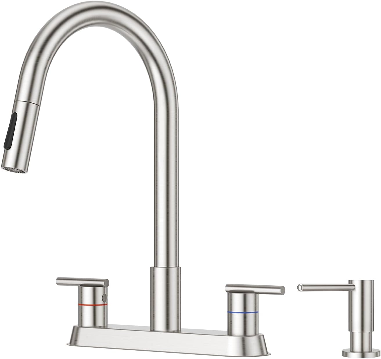 CREA 4 Holes Kitchen Faucets with Pull Down Sprayer and Soap Dispenser,Two Handles 8-Inch Bar Sink Faucet for RV Laundry Camper Utility Sink Brushed Nickel Stainless Steel