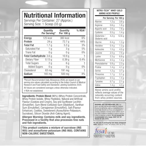 Image of MuscleTech Nitro-Tech Whey Gold Protein Powder | 24 g Protein & 5.4 g BCAAs Per Serving | Supports Lean Muscle & Faster Recovery | Cookie & Cream| 907g