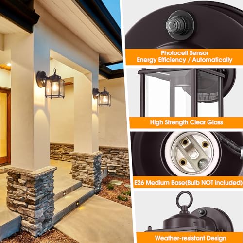 MATAMEYE Dusk to Dawn Sensor Outdoor Wall Sconce, Exterior Waterproof Porch Wall Mount Lantern, Dark Chocolate Front Door Lights with Glass, 2 Pack