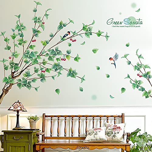 Removable Tree Branches Wall Decals, FLMOUTN Vivid Green Branch Tree Wall Sticker, Bird on Cherry Tree Wall Art Decor Stickers for Kids Nursery Bedroom Living Room (Green)