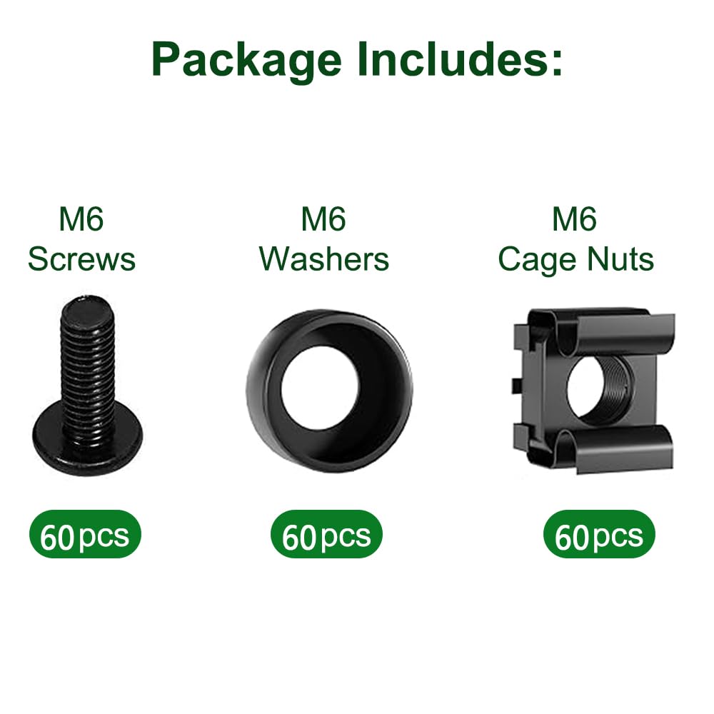 Lemiyoo Set di 60 dadi e bulloni a gabbia, viti e prigionieri per montaggio su rack, dadi quadrati per router di montaggio su console server e armadi di rete (M6 nero)