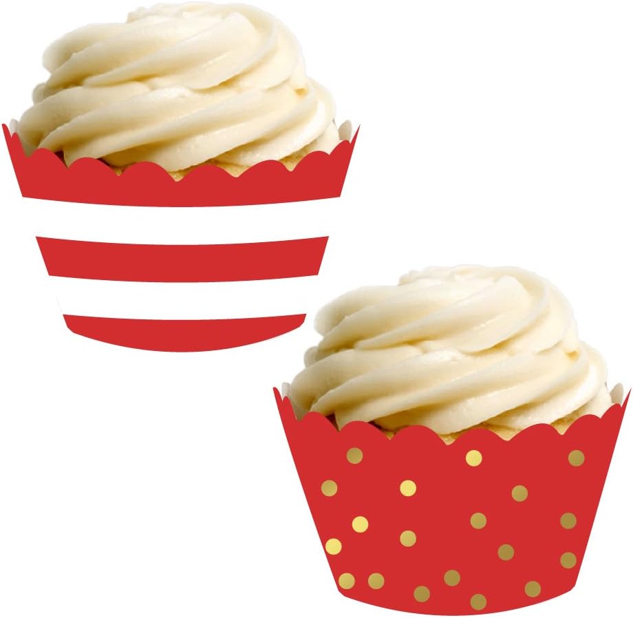 Andaz Press Party Cupcake Wrapper Decorations, Red Stripes and Metallic Gold Ink Polka Dots, 24-Pack, Theme Colored Bulk Cake Supplies
