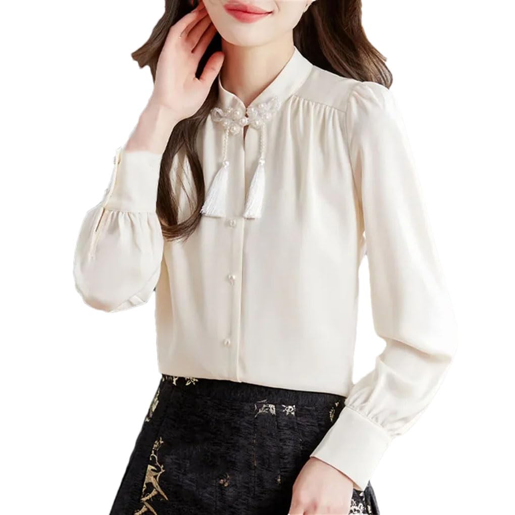Camicia da donna con nappa, a maniche lunghe, colletto alla coreana, in chiffon, con bottoni, casual, da ufficio