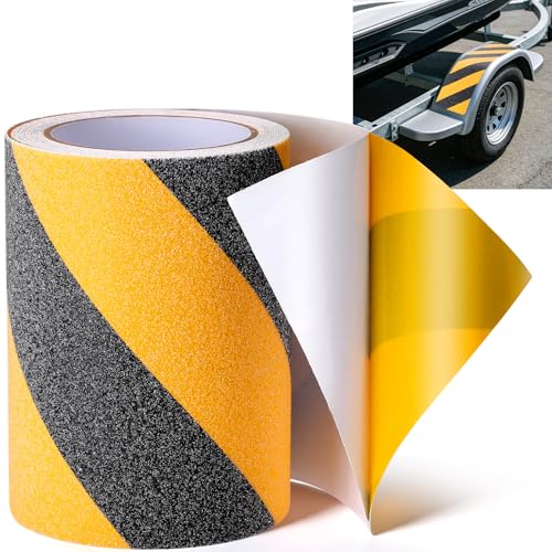 Gsbomzap Marine Non-Skid Grip Tape, 6in x 16Ft High Traction & Friction Abrasive with Caution Black & Yellow, Waterproof Adhesive Anti Slip & Deck Protector for Boat Trailer Stairs Indoor/Outdoor