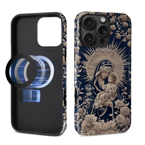 Case for iPhone 16 Pro [Compatible with MagSafe], Glossy Soft Silicone + Hard PC Anti-Scratch Shockproof Protective 2-in-1 Case for Women Men - Starry Night Virgin Mary and Baby Catholic