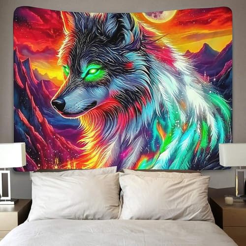QTIVARLEN Loup Étoilé 3D Effet Tapisseries Décoration Murale Tissu Pour Chambre Salon Facile À Stocker Serviette De Plage 70cmx100cm