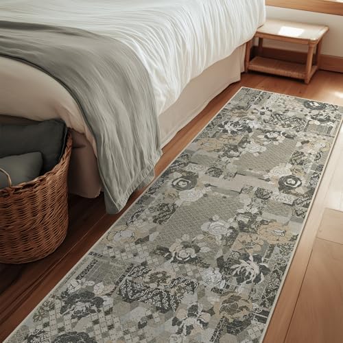 GENIMO Floral Runner Rug 2X6, Machine Washable Non Slip Vintage Patchwork Hallway Runner, Ultra-Thin Low Pile Runners for Indoor Entryway, Hallway, Kitchen and Corridor, Taupe Gray