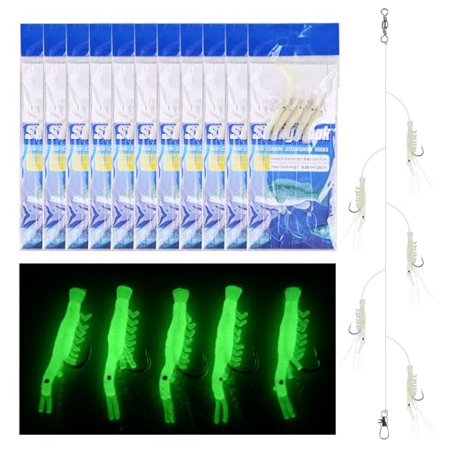 10 Packs Fishing Shrimp Lure Rigs Kit - Glow in the Dark Shrimp Baits Rigs Saltwater Fishing Rigs Tackle with Fishing Hooks for Freshwater Saltwater (Mixed Size)