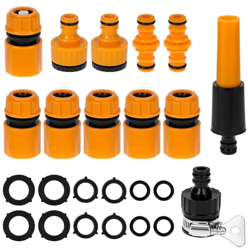 QWORK® Conector manguera set, conectores rápidos mangueras jardín kit con boquilla, tapón de agua, conexión universal de grifo, conexión 2-en-1 de 1/2 pulgada y 3/4 pulgada
