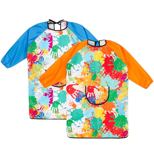 Camptrip 2 Stück Malschürze Kinder Malerkittel für 3-6 9-12 Jahre Jungen Mädchen Bastelschürze mit Tasche Wasserdicht & Atmungsaktiv für Schule Kunst Malerei Basteln (Blau + Orange 3-6 Jahre)