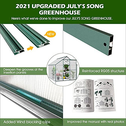 July's Song Walk-In Greenhouse For Outdoors,6.2' X 8.2' Hobby Polycarbonate Greenhouse Kit, Aluminum Heavy Duty Green House With 2 Vent Windows, Sliding Door And Raised Base For Backyard In All Season #TOP4