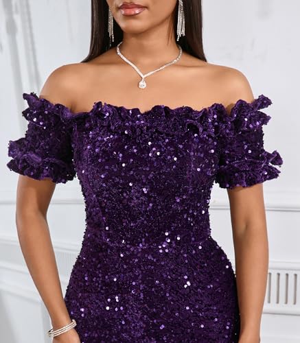 Image of dasmzper Women Sexy Sequin Off Shoulder Ruffle Short Sleeve Bodycon Mermaid Party Formal Evening Maxi Dress