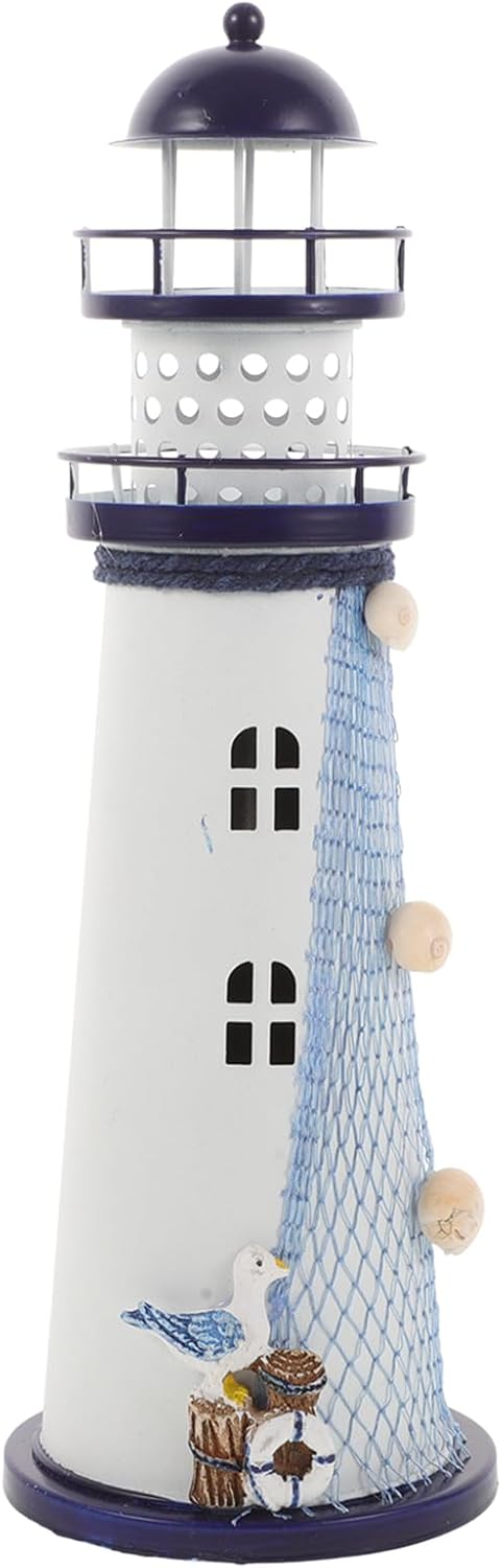 Ciieeo Lighthouse Candle Lantern Mediterranean Ocean Lighthouse Ornaments Iron Tealight Candle Holder Nautical Lighthouse Figurine Coastal Table Decor