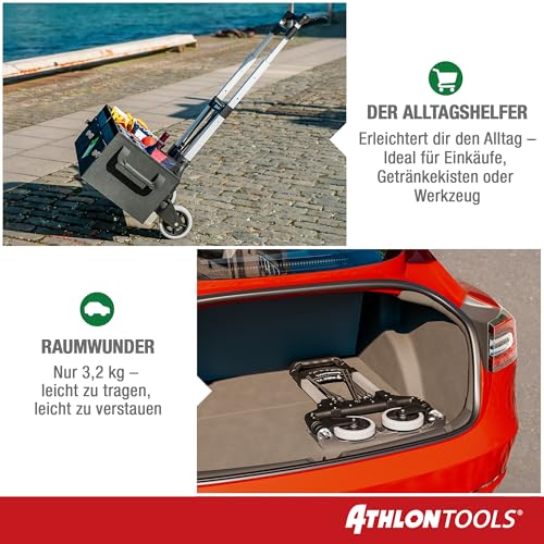 ATHLON TOOLS Aluminium Transportkarre klappbar TÜV geprüft – Langer Teleskopgriff 110 cm, Anti-Rutsch-Pads, Soft-Laufräder, inkl. 2 Expanderseile - Sackkarre klappbar Alu kompakt & leicht