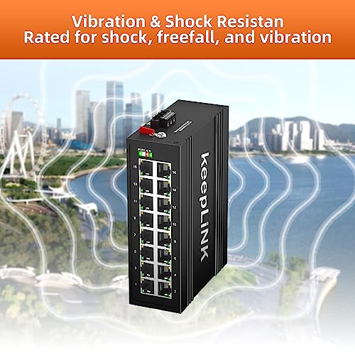 Image of 16 Port Industrial Gigabit Switch, Ethernet DIN-Rail Hardened Switch Unmanaged, IP40, Operating Temperature Range of -30 - 75C (-22 - 167F)
