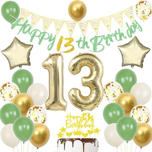 Globos 13 cumpleaños verde oro, Decoraciones Fiesta 13 cumpleaños niño niña, Cumpleaño 13 Años Decoracione tarta oro, Globos fiesta verde 13 años decoración cumpleaños,Globos 13 años verde