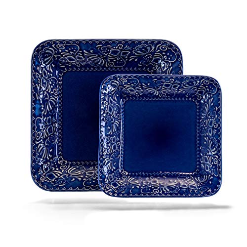 Elama Contemporary Square Embossed Stoneware Dinnerware Dish Set, 16 Piece, Indigo Blue #TOP3