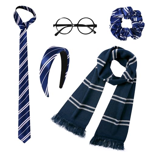 WooHand Costume Accessories for Girls and Women Striped Tie Scarf Headband Scrunchies Glasses for Halloween Cosplay College Party Dress Up Blue