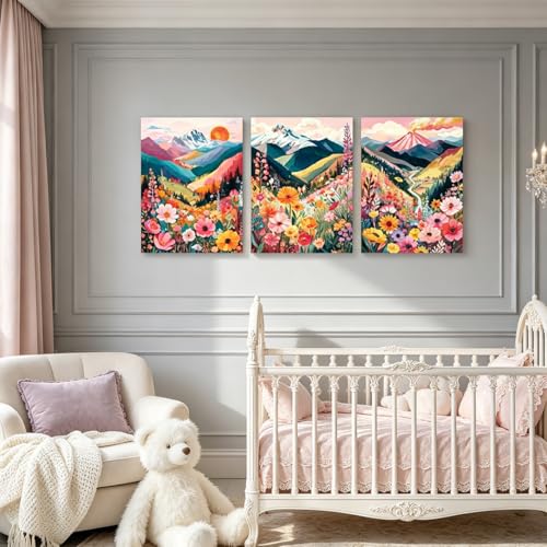 Image of Frimeeme Colorful Floral Mountain Wall Art Set of 3, 12x16in, Unframed