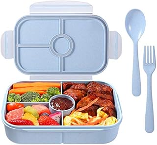 Jeopace Bento Box Kids Lunch Containers for Kids with 4 Compartments Kids Bento Lunch Box Microwave Safe (Flatware Included,Light Blue)
