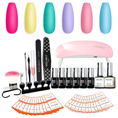 Gel Nail Polish Kit with 6W LED Mini Lamp, Base Top Coat, 6 Candy Colors, Gel Salon Set in Tiny Bottles Manicure Tools, Portable Nail Gel Beginner Starter Kit by Modelones