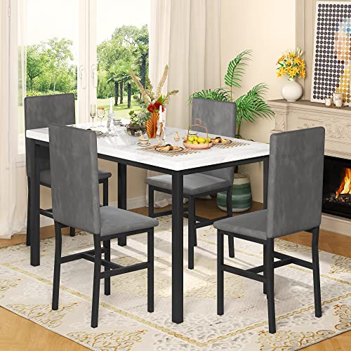 Tantohom Dining Table Set For 4, Compact Kitchen Table And Chairs For 4, 5 Pieces Faux Marble Dining Room Table Set With 4 Velvet Upholstery Chairs For Small Space, Living Room, Breakfast Nook, Gray #TOP4