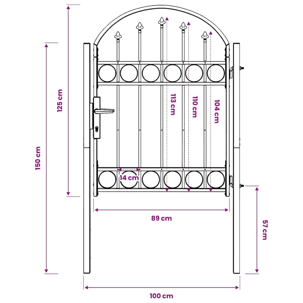 Portillon jardín acero negro con tapa arqueada 102 x 125 cm