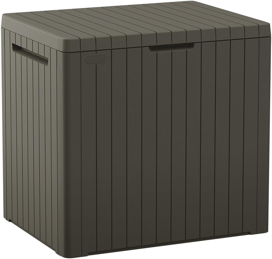 Keter City 30 Gallon Resin Outdoor Storage Box and Patio Furniture Side Table for Pool and Garden Accessories, Taupe