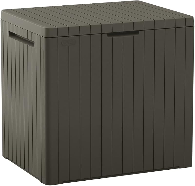 City 30 Gal Outdoor Storage Box and Patio Side Table | Taupe, Resin, Compact, Weatherproof, Lockable, Easy Assembly, Organization, Pool Accessories Storage