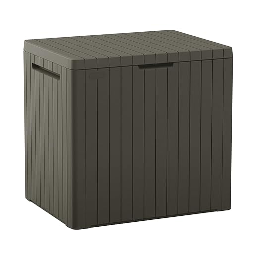 Keter City 30 Gallon Resin Outdoor Storage Box and Patio Furniture Side Table for Pool and Garden Accessories, Taupe
