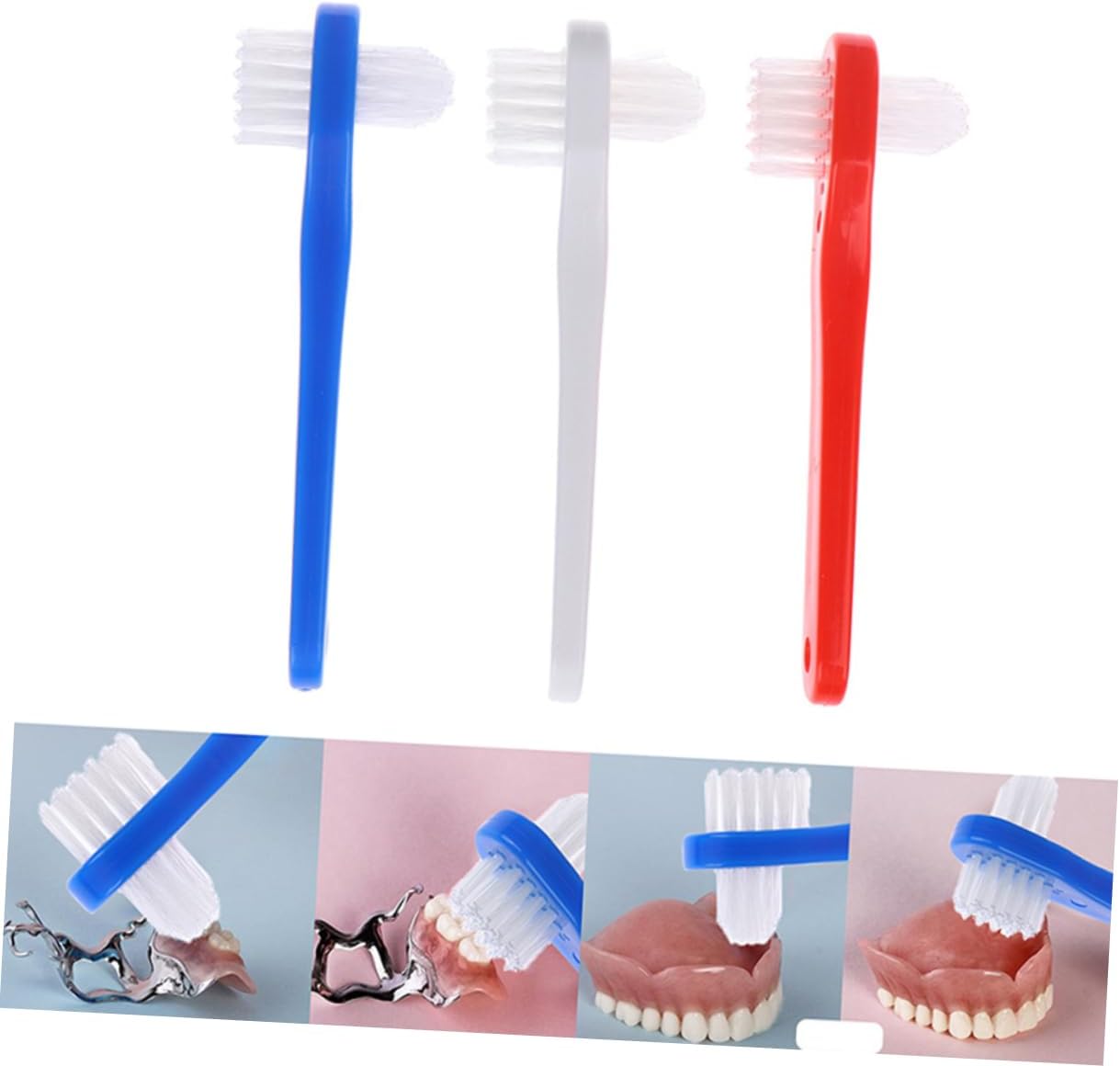 OUNONA 3Pcs Adult Denture Toothbrushes Portable Double Ended Dental Brush Kit with Soft Bristles for Comfortable Efficient Fake Teeth Cleaning White Red Blue
