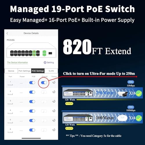 Image of 19-Port Ethernet PoE Switch, 16 PoE+ Ports @240W, 2 Uplink Gigabit Ports + 1 Combo SFP Slots, Easy Smart Managed Ethernet Switch, Metal Plug and Play, AI Extend &Vlan, Fanless, Overload Protection
